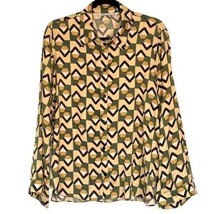 ZARA Womens Safia Shirt Size Large Geometric Green Black Button Down Viscose Top